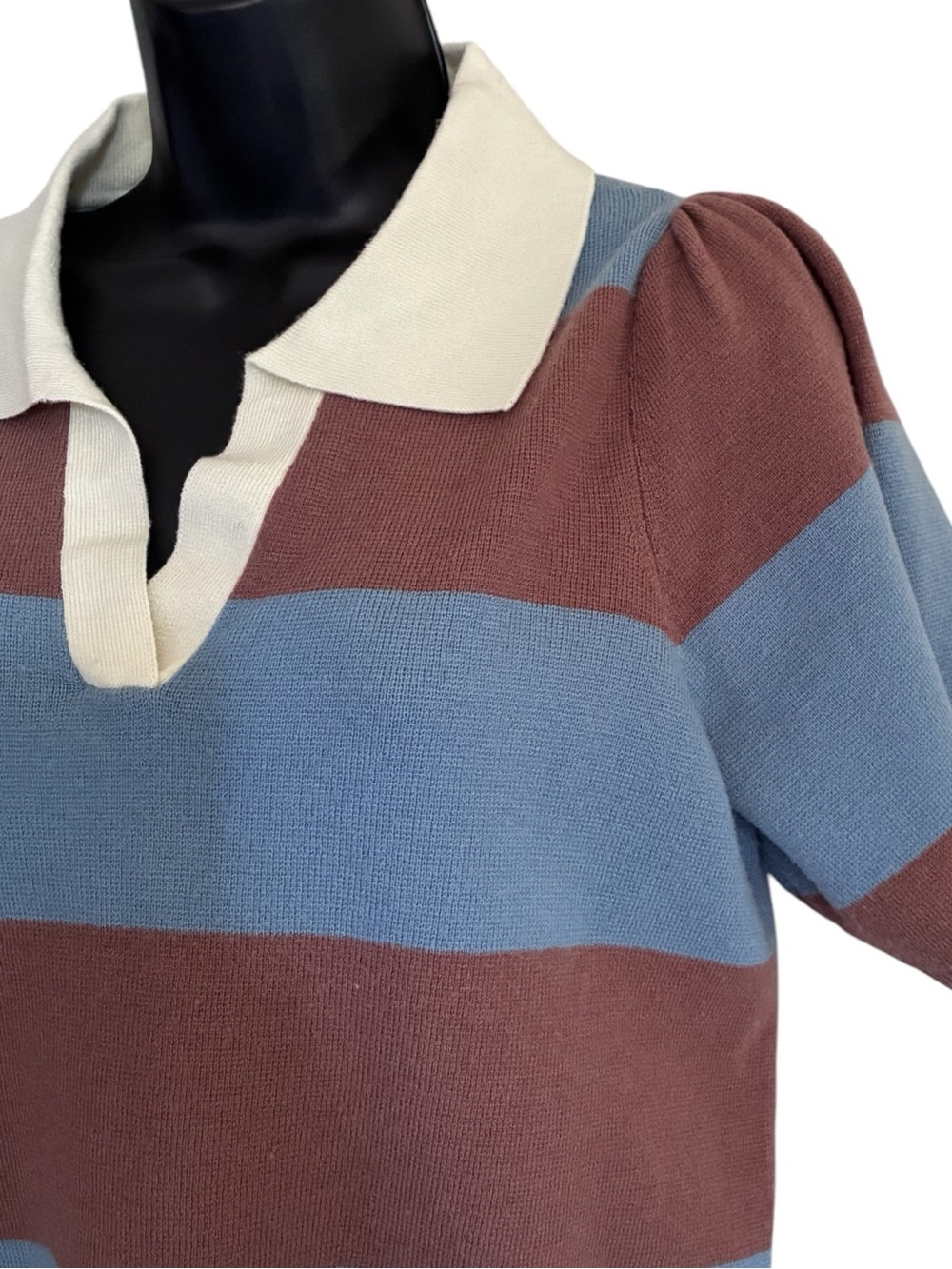 Lucky Brand Grannycore Striped Cropped Polo Sweater Brown Light Blue Cream Sz S - Picture 3 of 9